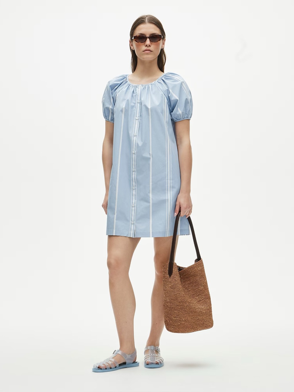 NWT J.Crew Puff-Sleeve Popover Dress in Striped Cotton Poplin